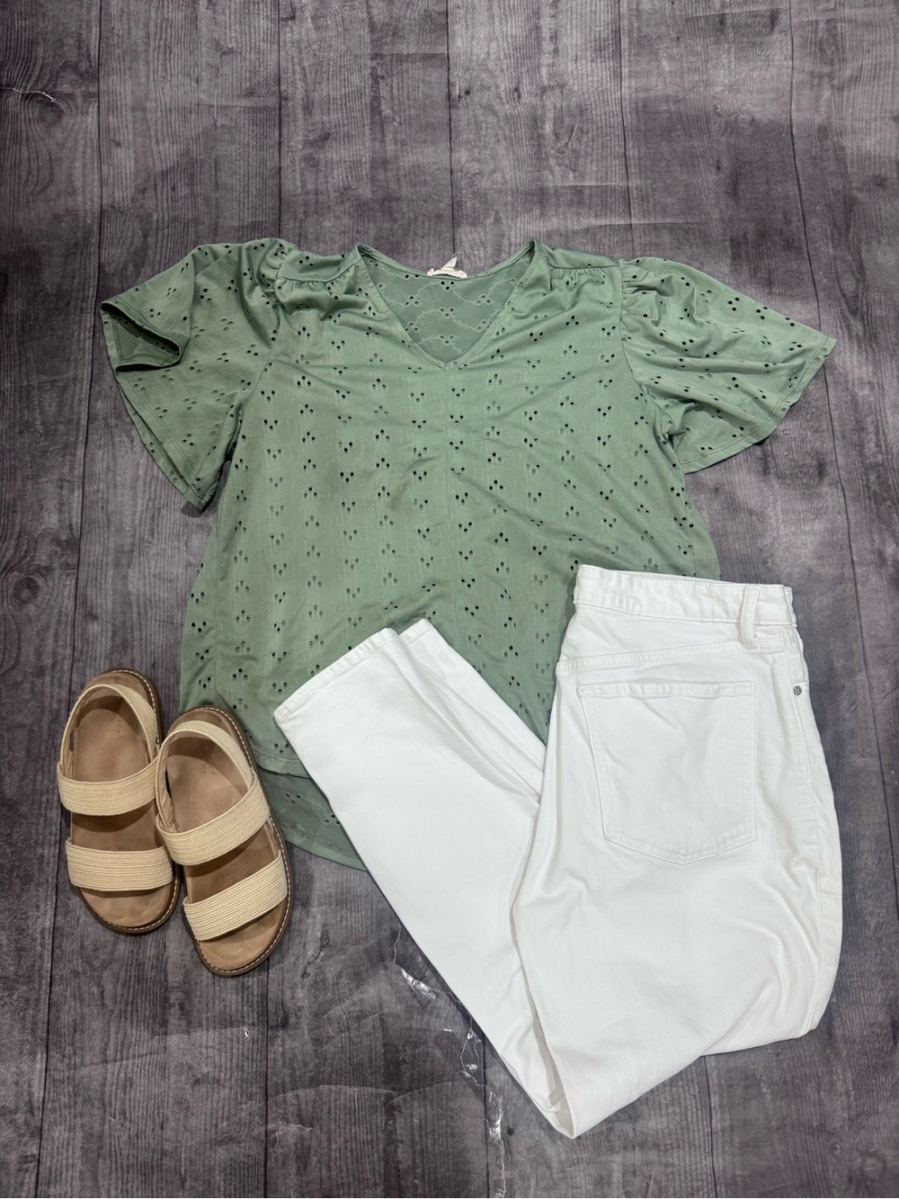 Sage Eyelet V-Neck Top